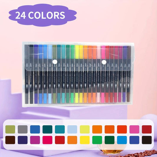 Dual-Tip Watercolor Pen Set 24-36 Colors Kids Paintbrush Soft Marker Washable