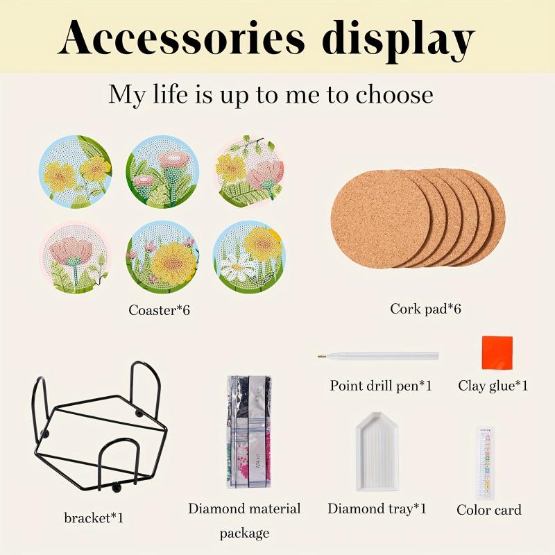 6pcs Flowers & Diamonds Mosaic Coasters Art Bookshelves