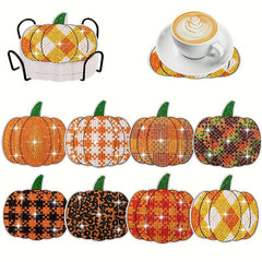 8pcs Diamond Glass Coaster Set Pumpkin Coasters Festive Decorations