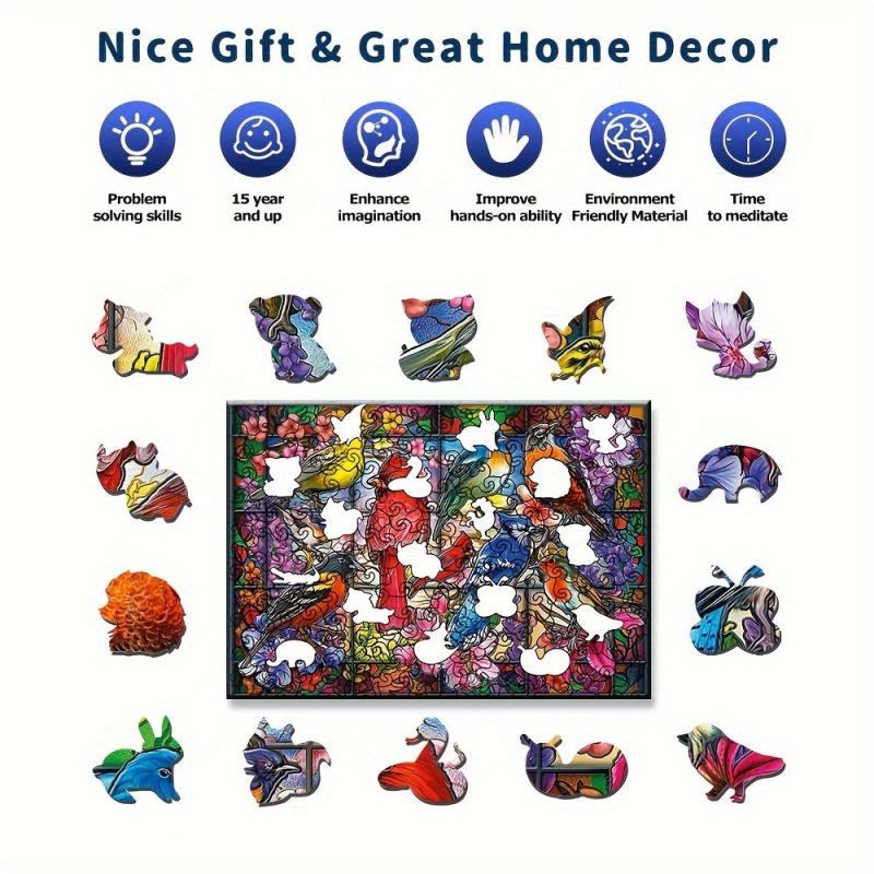 Birds Wooden Jigsaw Puzzle Game For Adults - Animal Shape Pieces Gift