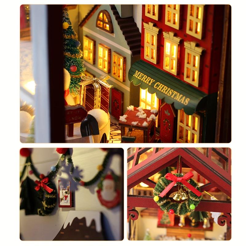 3D Wooden Puzzle LED Christmas Decorations Book Nook DIY House Kit