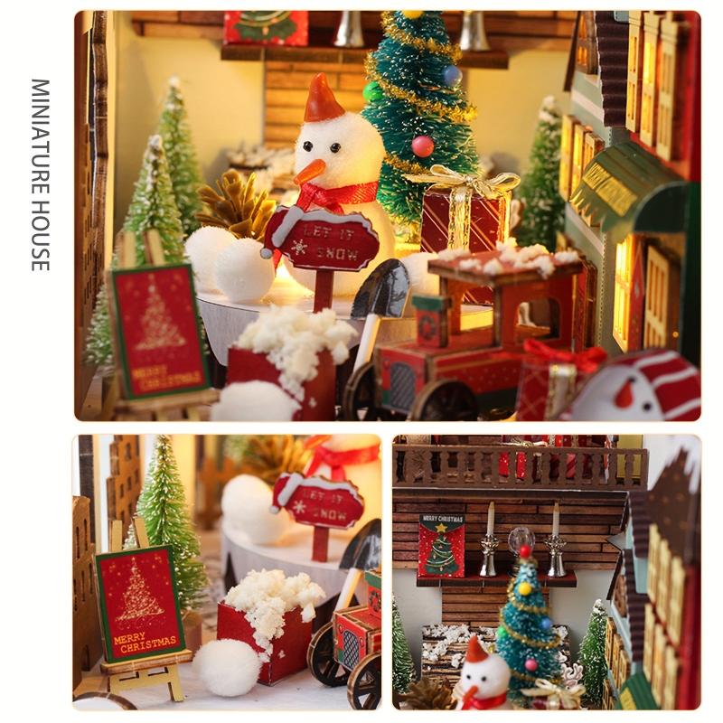 3D Wooden Puzzle LED Christmas Decorations Book Nook DIY House Kit