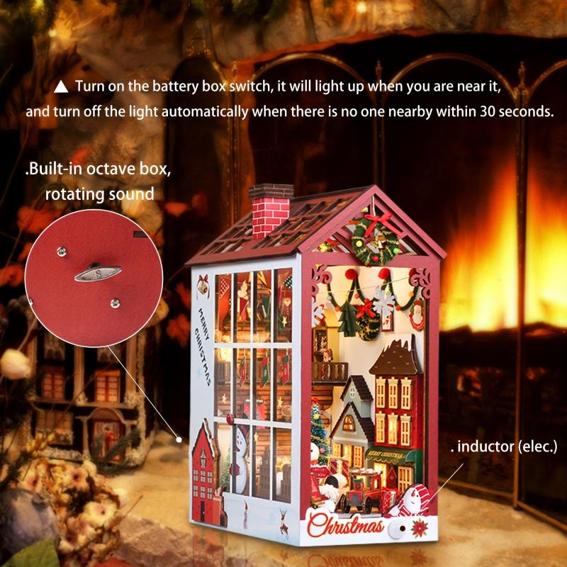 3D Wooden Puzzle LED Christmas Decorations Book Nook DIY House Kit