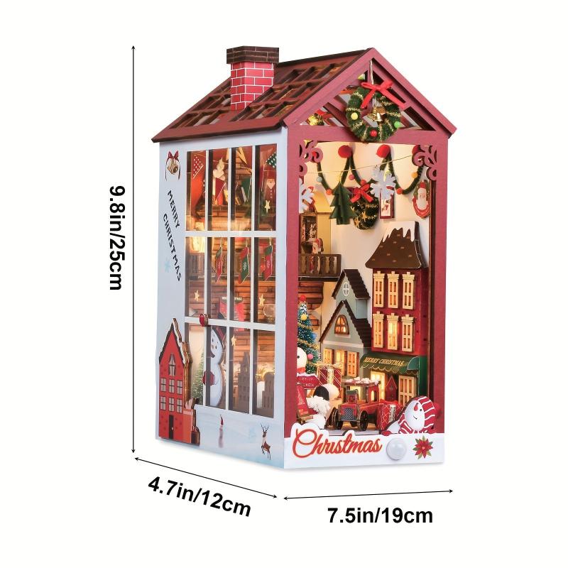 3D Wooden Puzzle LED Christmas Decorations Book Nook DIY House Kit
