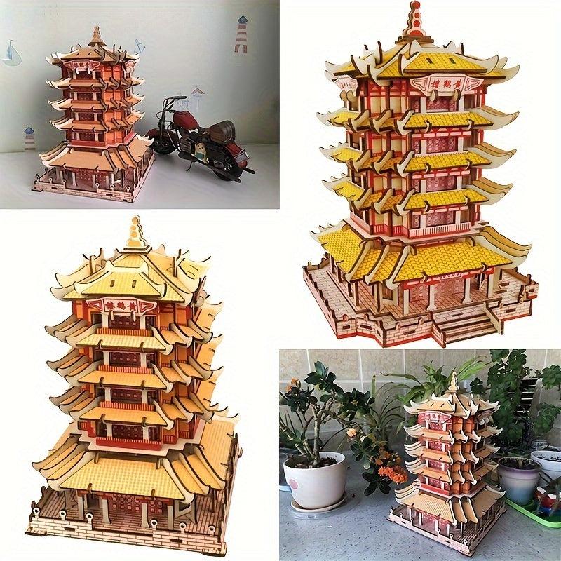 Wooden Yellow Crane Tower 3D Assembly Toy 200Pcs High Board DIY Panel