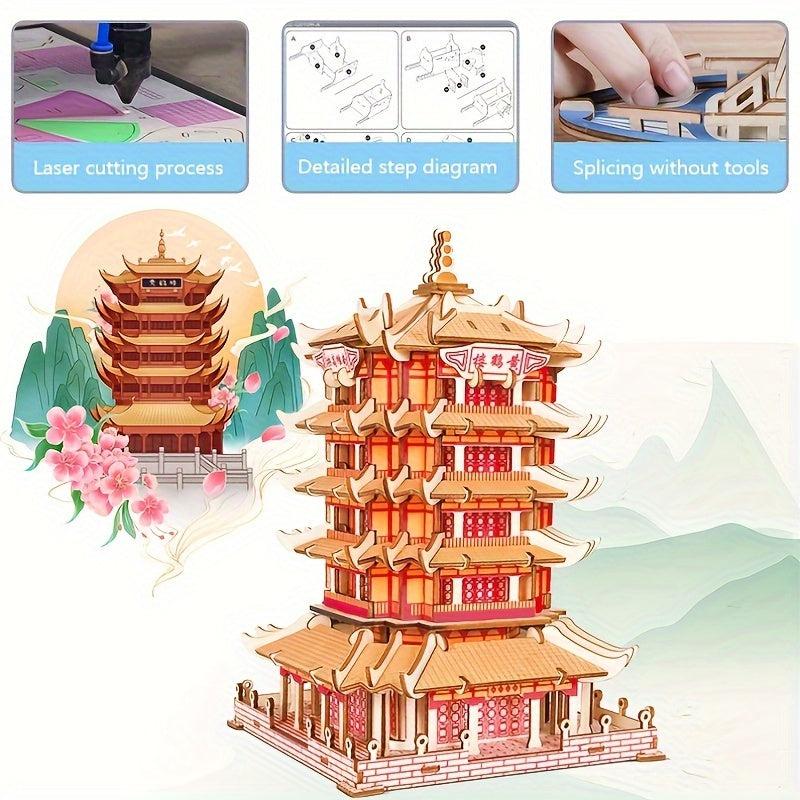 Wooden Yellow Crane Tower 3D Assembly Toy 200Pcs High Board DIY Panel