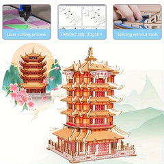 Wooden Yellow Crane Tower 3D Assembly Toy 200Pcs High Board DIY Panel