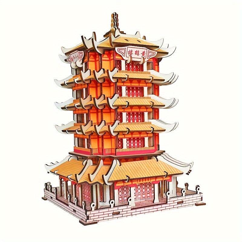 Wooden Yellow Crane Tower 3D Assembly Toy 200Pcs High Board DIY Panel
