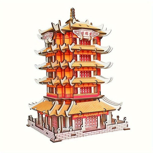 Wooden Yellow Crane Tower 3D Assembly Toy 200Pcs High Board DIY Panel