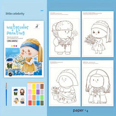 4pcs Cartoon Watercolor Coloring Book with Pigment Filling Paper