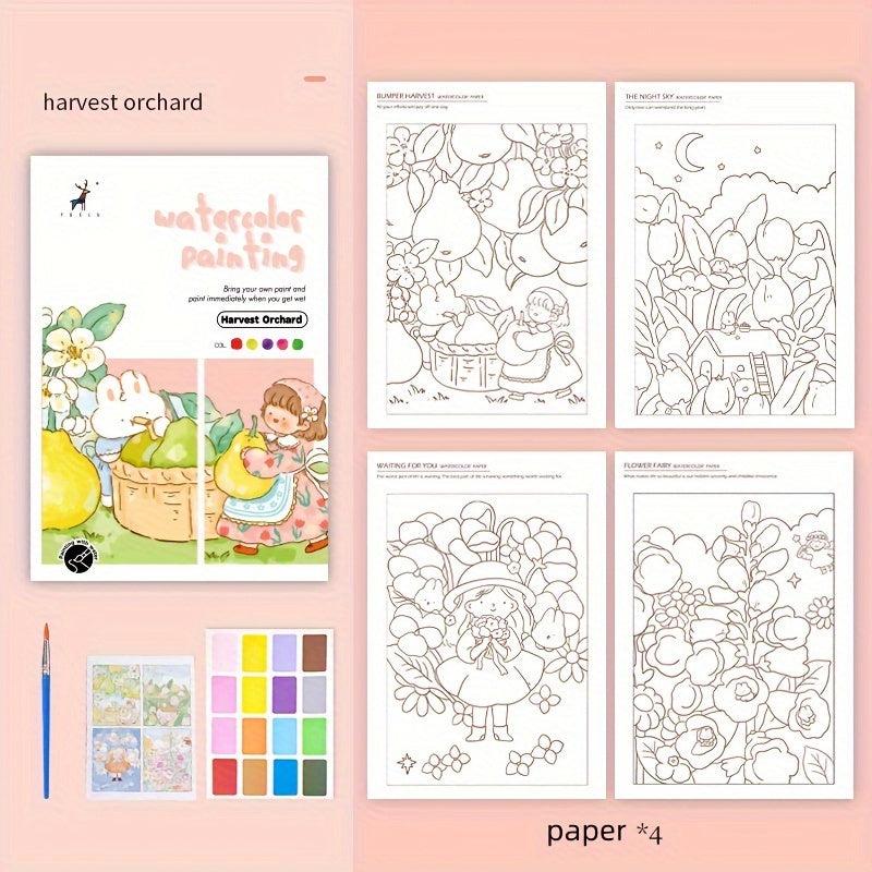 4pcs Cartoon Watercolor Coloring Book with Pigment Filling Paper
