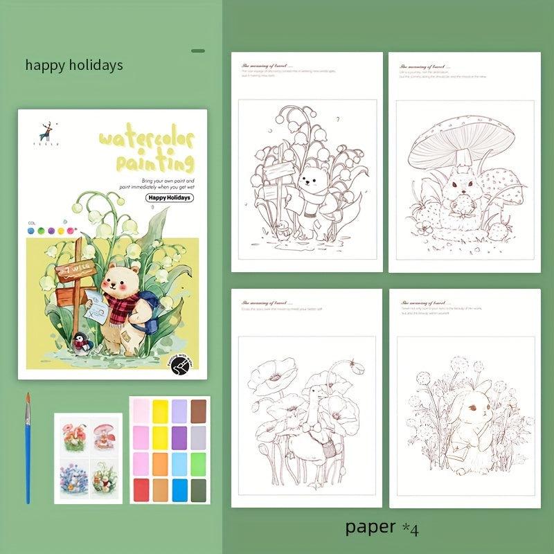 4pcs Cartoon Watercolor Coloring Book with Pigment Filling Paper