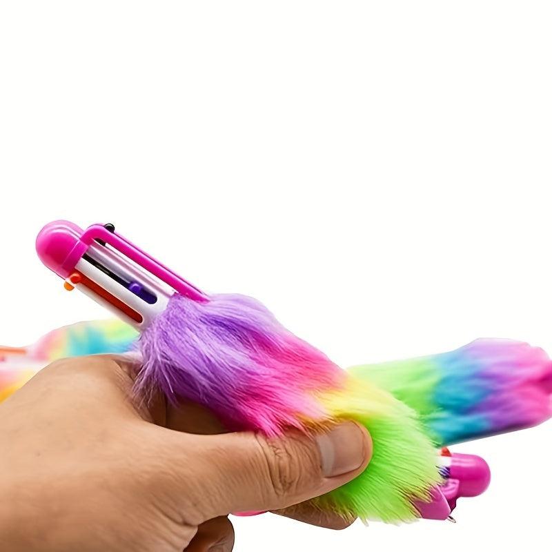 2pcs 6 In 1 Multicolored Plush Fluffy Ballpoint Pens 6 Colors Rainbow Plushes