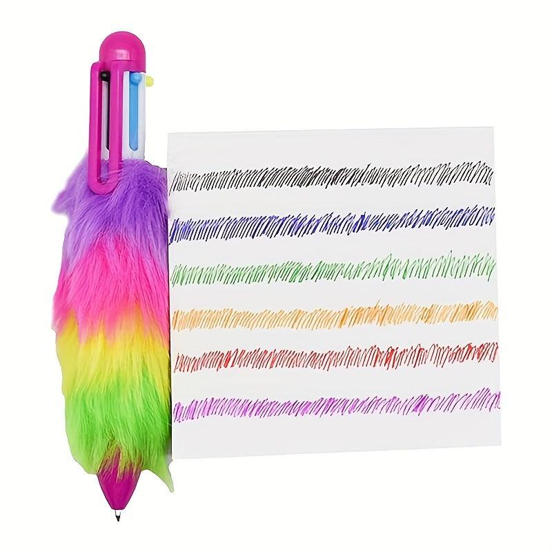 2pcs 6 In 1 Multicolored Plush Fluffy Ballpoint Pens 6 Colors Rainbow Plushes