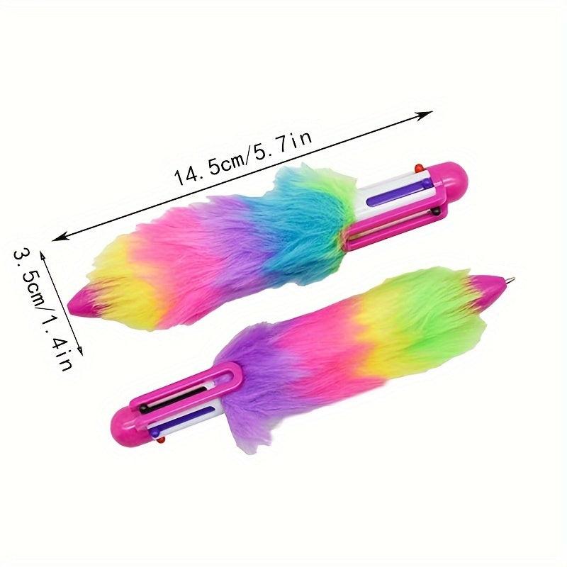 2pcs 6 In 1 Multicolored Plush Fluffy Ballpoint Pens 6 Colors Rainbow Plushes