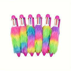 2pcs 6 In 1 Multicolored Plush Fluffy Ballpoint Pens 6 Colors Rainbow Plushes