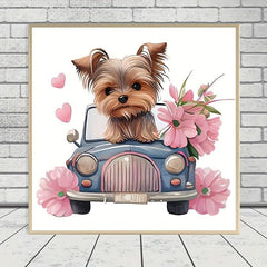 DIY 5D Diamond Painting Kit Landscape Puppy Pink Flowers Small Car