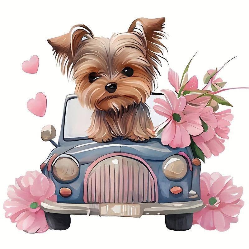 DIY 5D Diamond Painting Kit Landscape Puppy Pink Flowers Small Car
