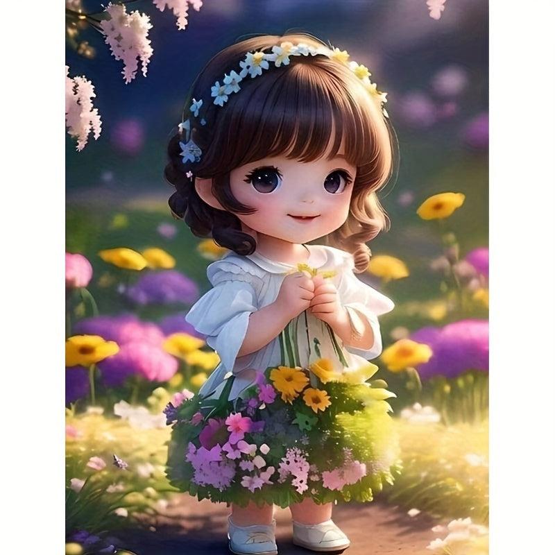Cartoon Girl Flower Round Diamond Painting Kit