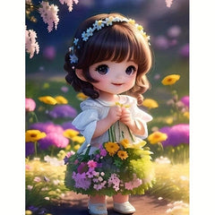 Cartoon Girl Flower Round Diamond Painting Kit