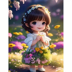 Cartoon Girl Flower Round Diamond Painting Kit