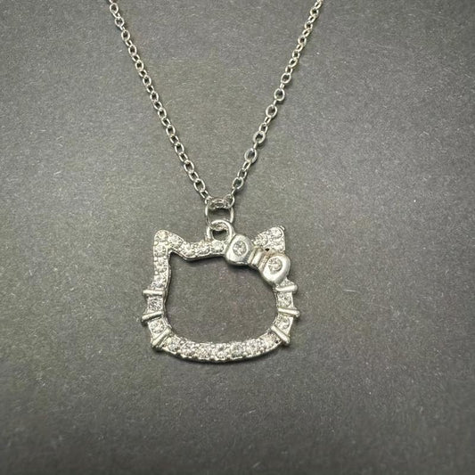 Hellokitty Silvery Necklace Girl Pendant With Artificial Diamonds