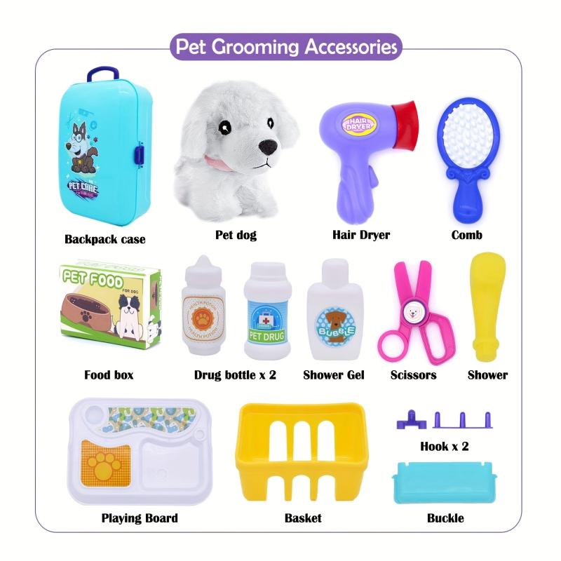 Pet Care Role Play Set 16 Pcs Kids Vet Kit Dog Grooming Toys Feeding Backpack
