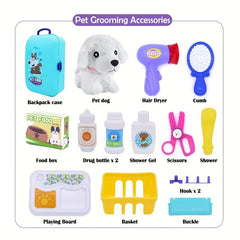 Pet Care Role Play Set 16 Pcs Kids Vet Kit Dog Grooming Toys Feeding Backpack