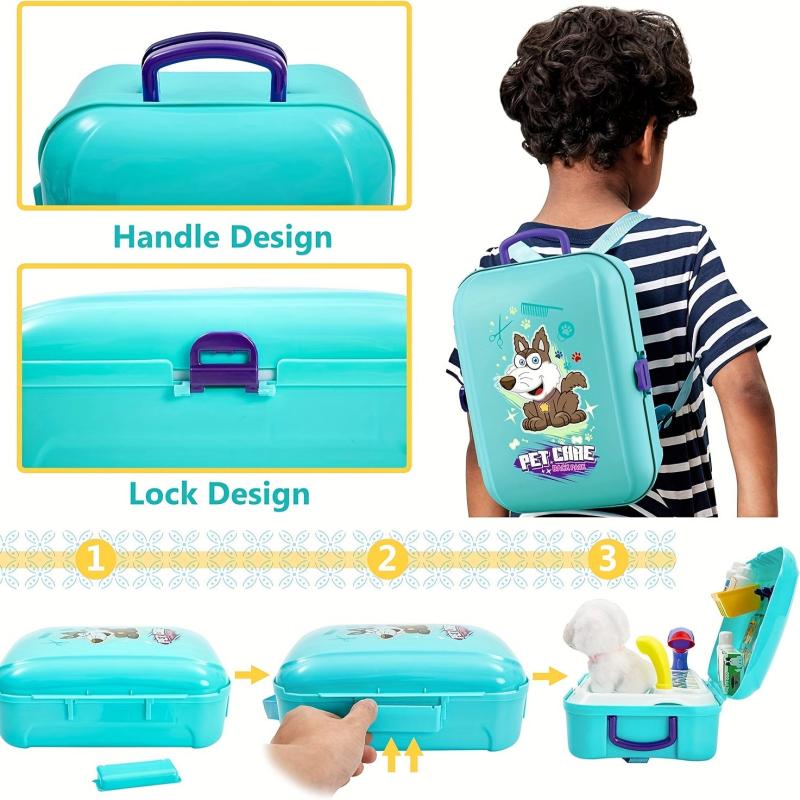 Pet Care Role Play Set 16 Pcs Kids Vet Kit Dog Grooming Toys Feeding Backpack