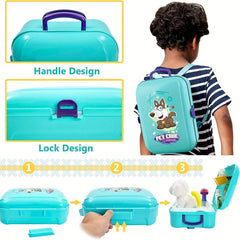 Pet Care Role Play Set 16 Pcs Kids Vet Kit Dog Grooming Toys Feeding Backpack