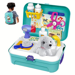 Pet Care Role Play Set 16 Pcs Kids Vet Kit Dog Grooming Toys Feeding Backpack