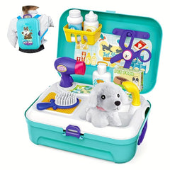 Pet Care Role Play Set 16 Pcs Kids Vet Kit Dog Grooming Toys Feeding Backpack