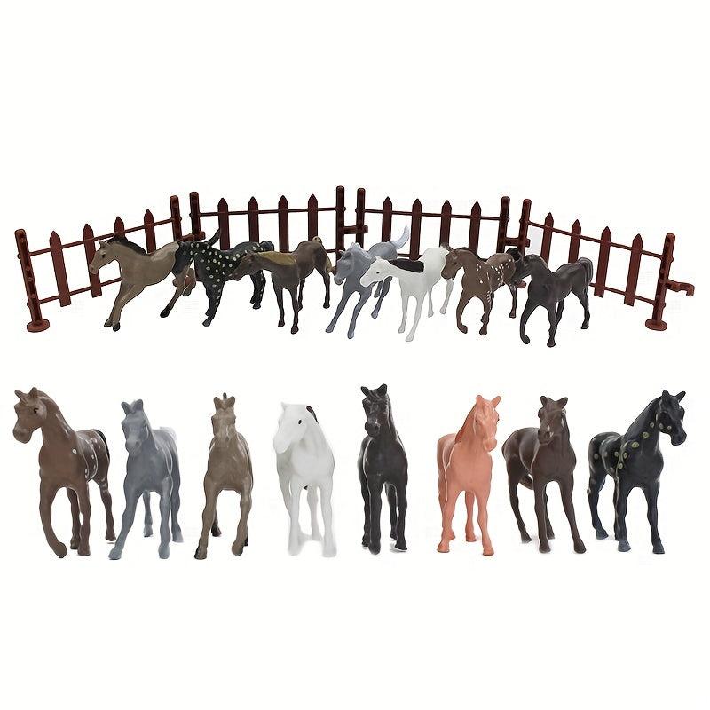 8 Pcs Mini Farm Horse Toy Set with 6 Pcs Fence
