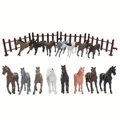 8 Pcs Mini Farm Horse Toy Set with 6 Pcs Fence