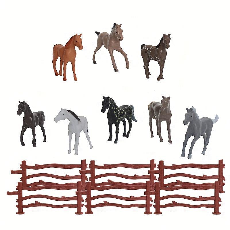 8 Pcs Mini Farm Horse Toy Set with 6 Pcs Fence