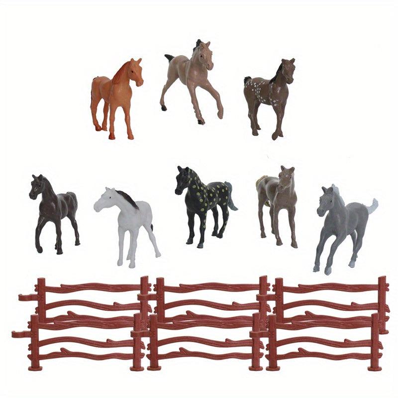8 Pcs Mini Farm Horse Toy Set with 6 Pcs Fence