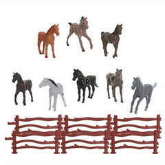 8 Pcs Mini Farm Horse Toy Set with 6 Pcs Fence