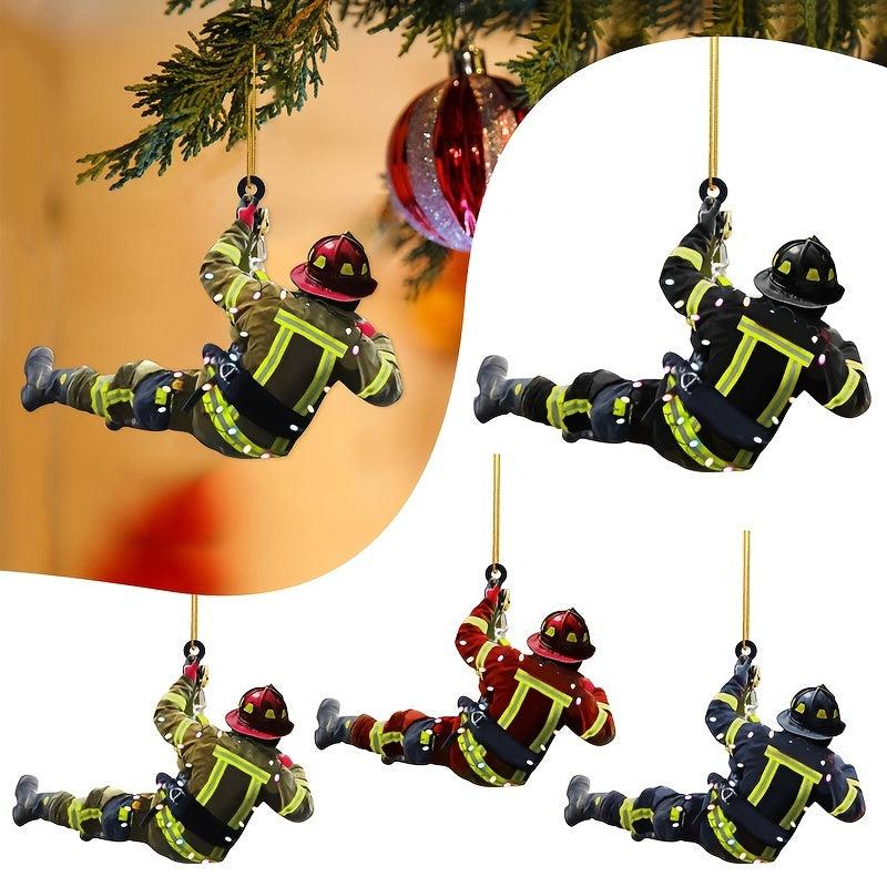 4pcs Christmas Firefighter Acrylic Car Pendant Double Sided Christmas Tree Decor