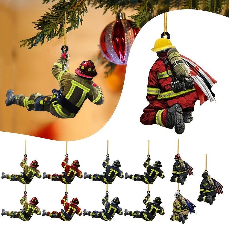 4pcs Christmas Firefighter Acrylic Car Pendant Double Sided Christmas Tree Decor