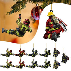 4pcs Christmas Firefighter Acrylic Car Pendant Double Sided Christmas Tree Decor