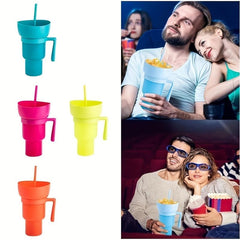 Popcorn Drink Cup Snack Cup with Handle Straw, Home Cinema Supplies