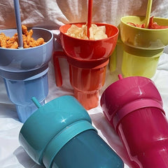 Popcorn Drink Cup Snack Cup with Handle Straw, Home Cinema Supplies