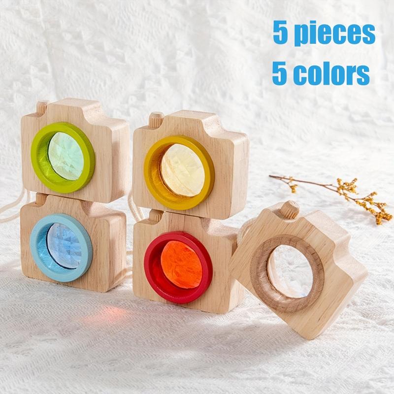5pcs Mini Wooden Cartoon Camera Kaleidoscope Toy