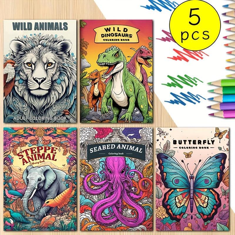5pcs Coloring Book Wildlife Marine Life Dinosaur Butterfly Series