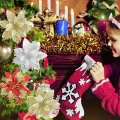 12pcs Glitter Poinsettia Flowers Christmas Wreath Xmas Tree Ornaments