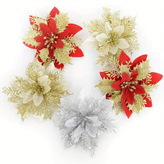 12pcs Glitter Poinsettia Flowers Christmas Wreath Xmas Tree Ornaments