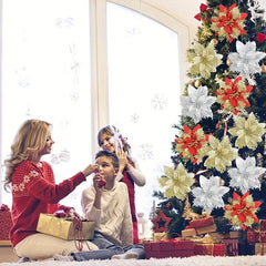 12pcs Glitter Poinsettia Flowers Christmas Wreath Xmas Tree Ornaments