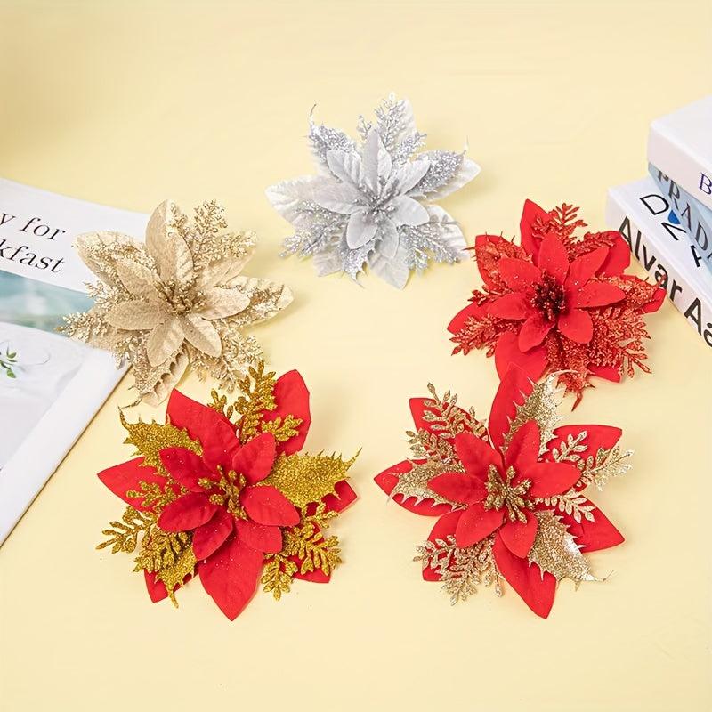12pcs Glitter Poinsettia Flowers Christmas Wreath Xmas Tree Ornaments