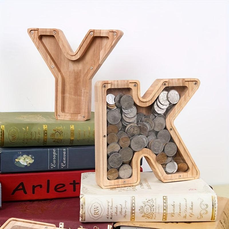 Wooden Letter Piggy Bank Transparent Glass Coin Bank