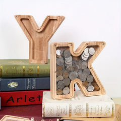 Wooden Letter Piggy Bank Transparent Glass Coin Bank